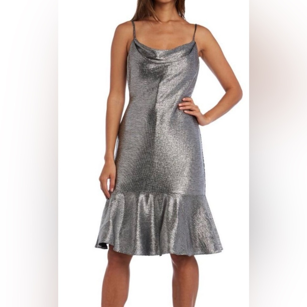 Night Way Collections Metallic Silver Midi Dress NWT